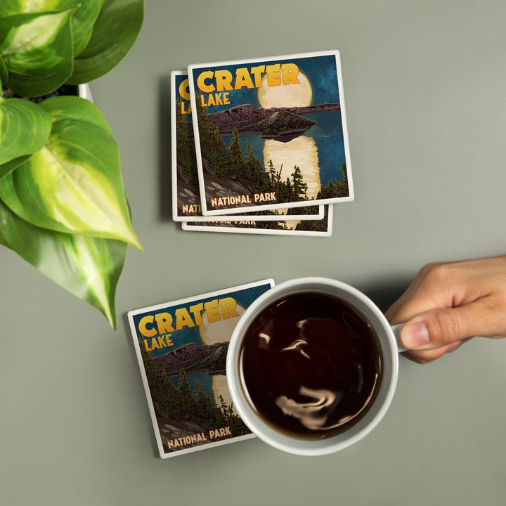 Crater Lake National Park, Oregon, Lake and Full Moon, Coasters Coasters Lantern Press