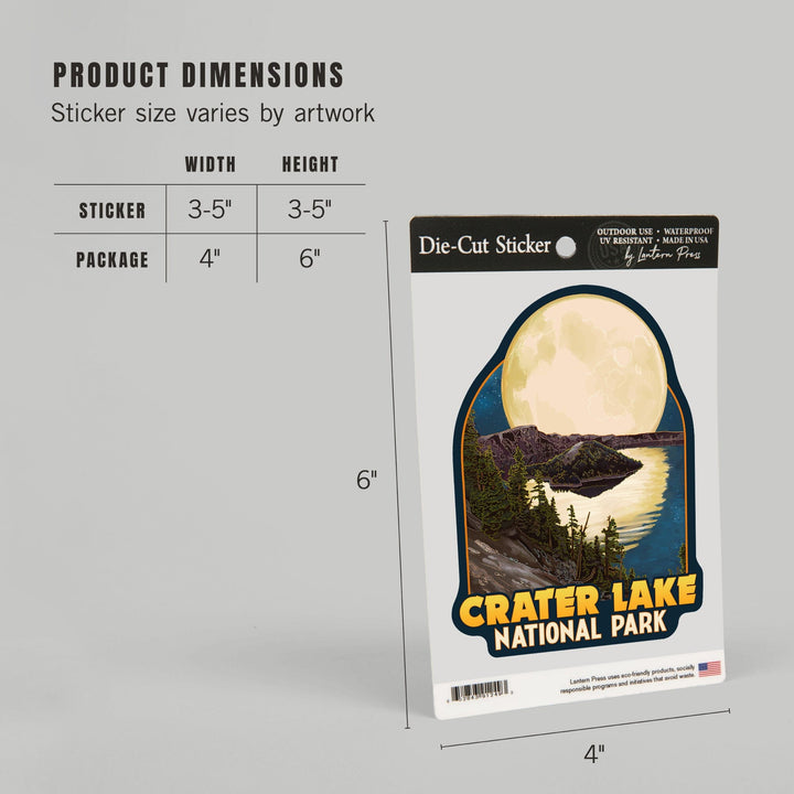 Crater Lake National Park, Oregon, Lake and Full Moon, Contour, Lantern Press Artwork, Vinyl Sticker - Lantern Press