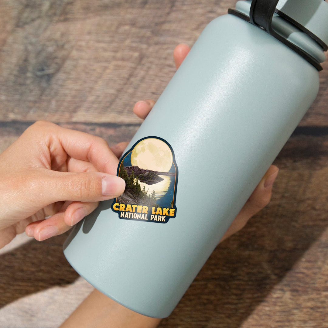 Crater Lake National Park, Oregon, Lake and Full Moon, Contour, Lantern Press Artwork, Vinyl Sticker - Lantern Press