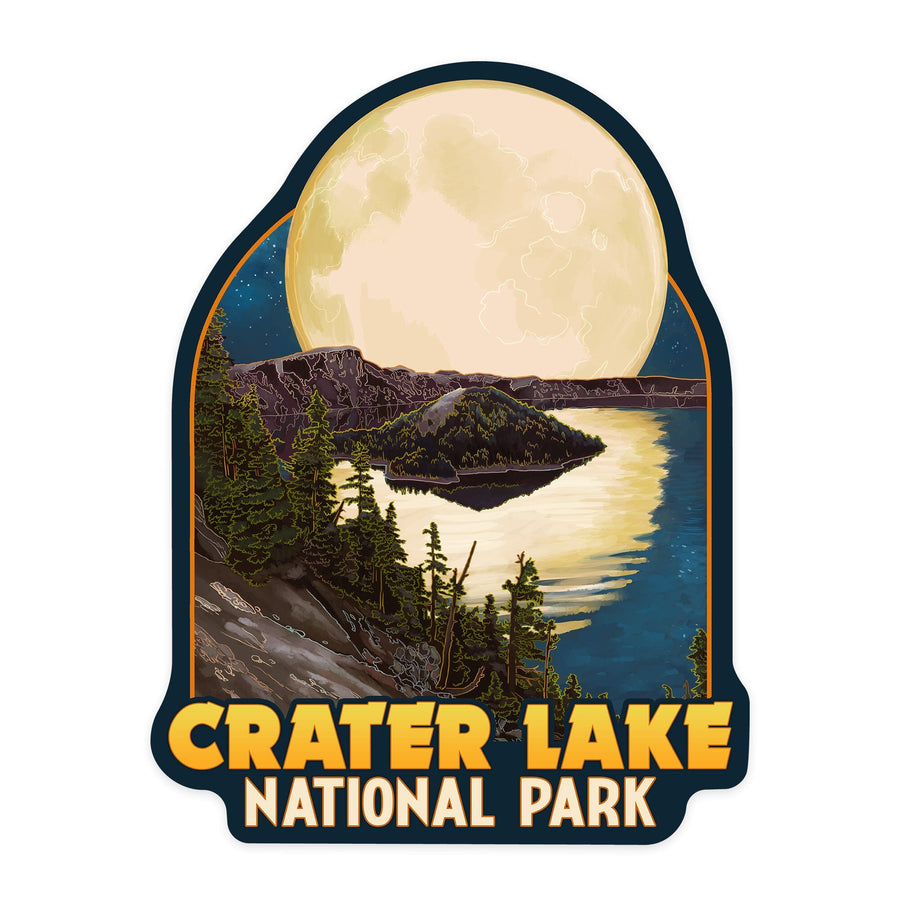 Crater Lake National Park, Oregon, Lake and Full Moon, Contour, Lantern Press Artwork, Vinyl Sticker - Lantern Press
