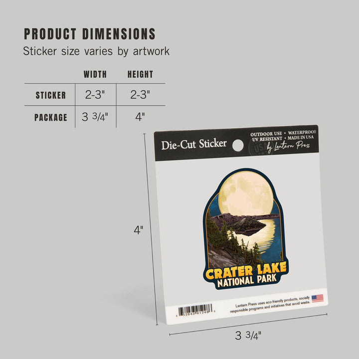 Crater Lake National Park, Oregon, Lake and Full Moon, Contour, Lantern Press Artwork, Vinyl Sticker - Lantern Press