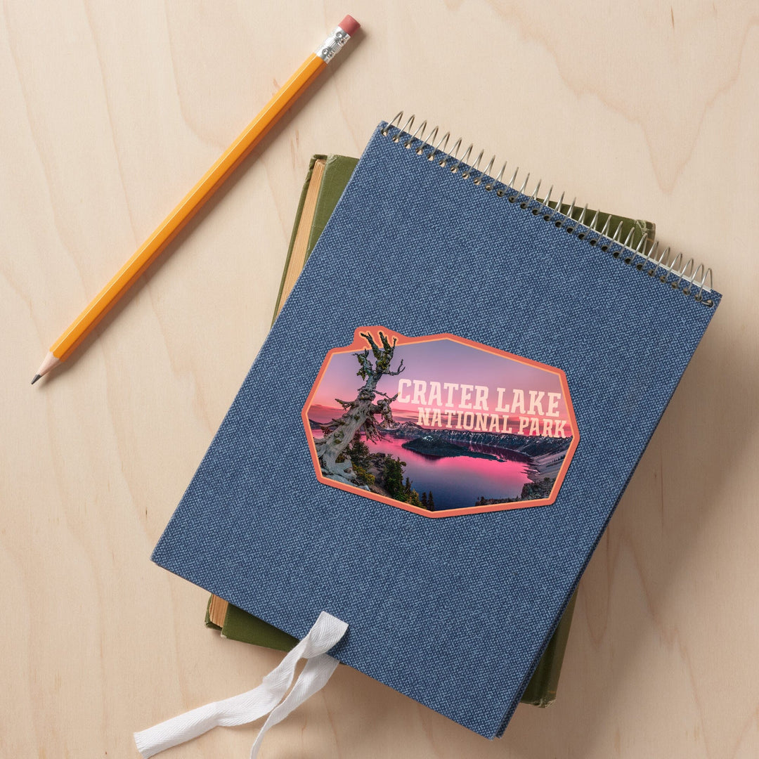 Crater Lake National Park, Oregon, Pink Sunset, Contour, Vinyl Sticker - Lantern Press