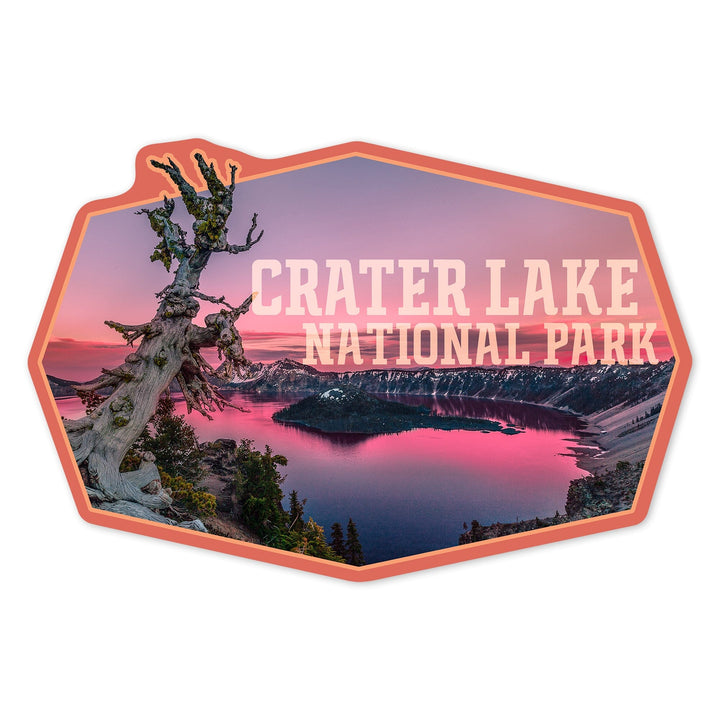 Crater Lake National Park, Oregon, Pink Sunset, Contour, Vinyl Sticker - Lantern Press