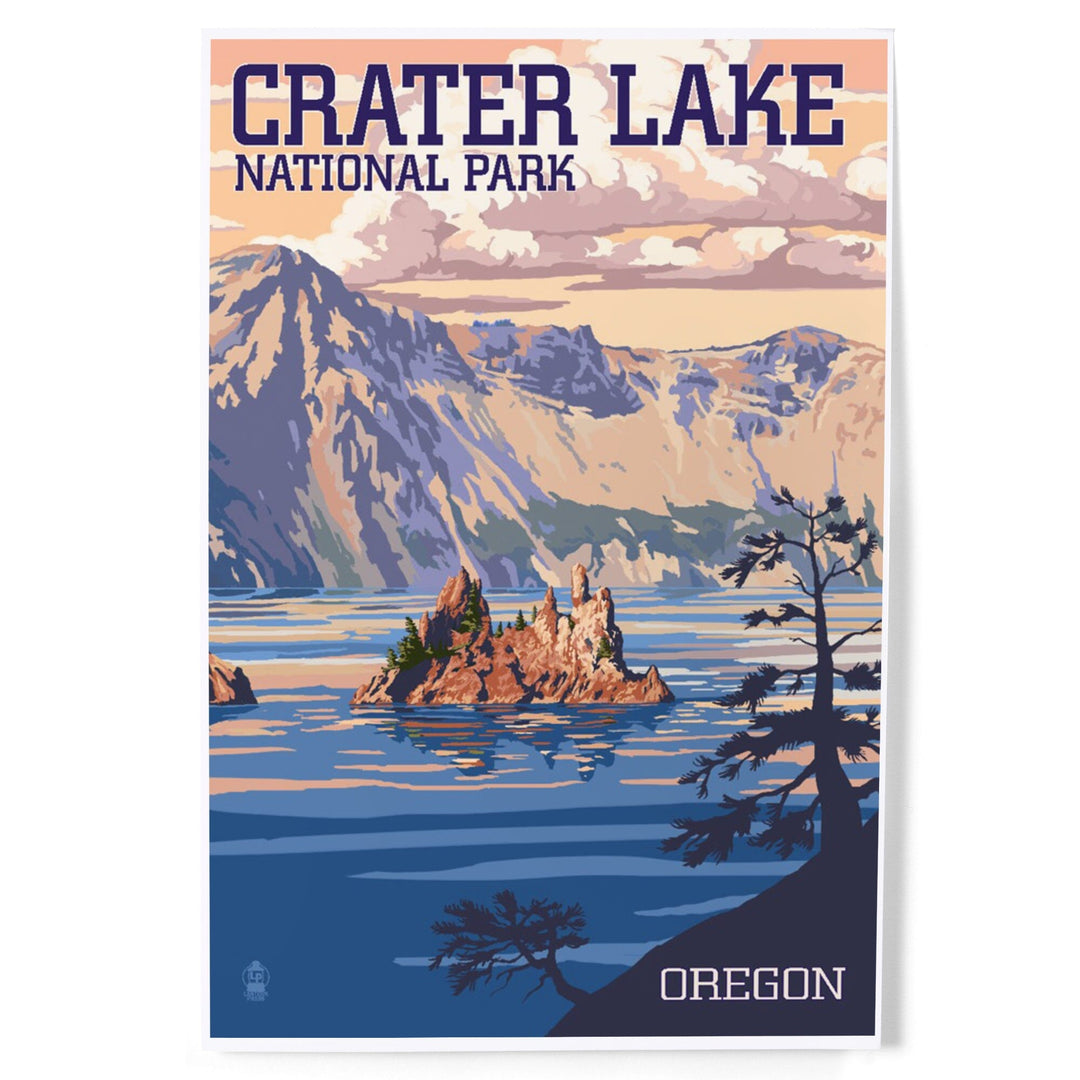 Crater Lake National Park, Oregon, Shoreline and Sunset, Painterly Series, Art & Giclee Prints - Lantern Press