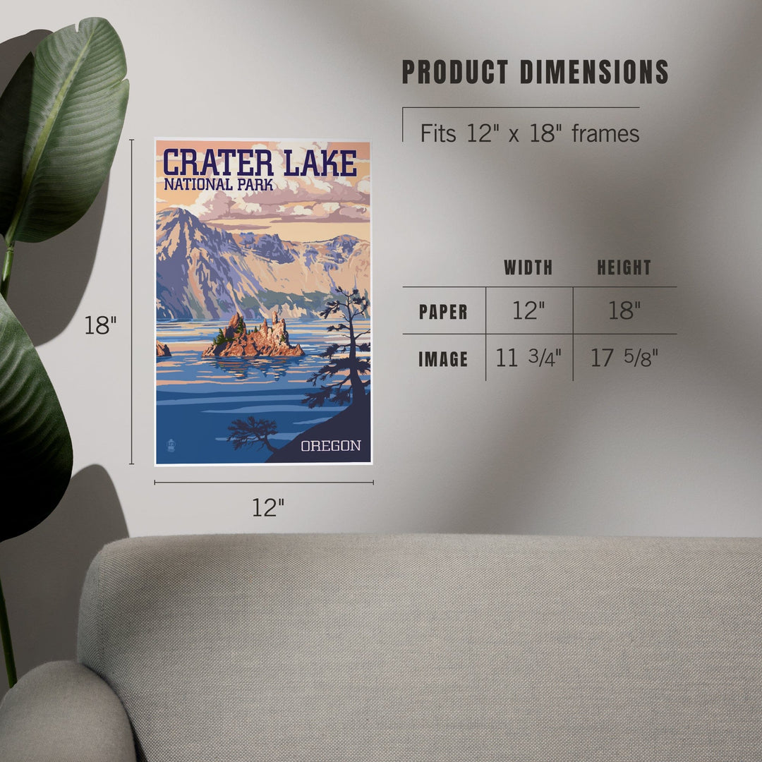 Crater Lake National Park, Oregon, Shoreline and Sunset, Painterly Series, Art & Giclee Prints - Lantern Press