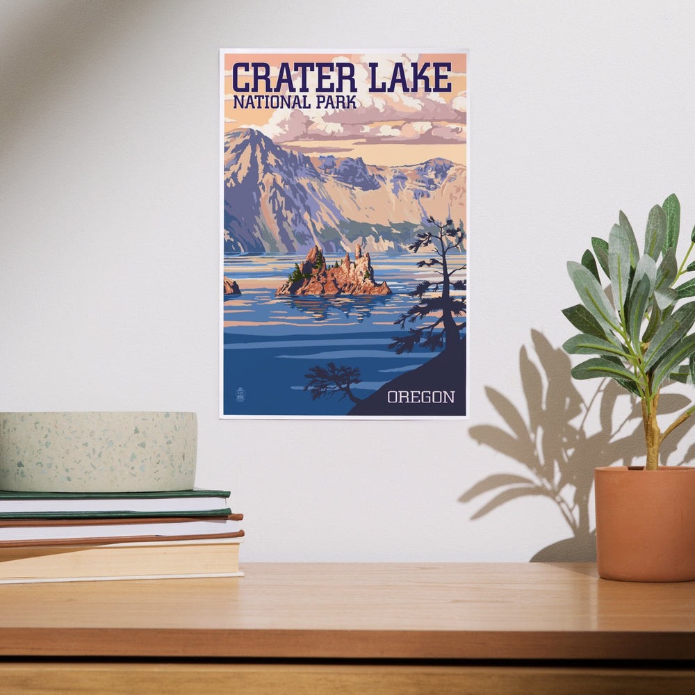 Crater Lake National Park, Oregon, Shoreline and Sunset, Painterly Series, Art & Giclee Prints - Lantern Press
