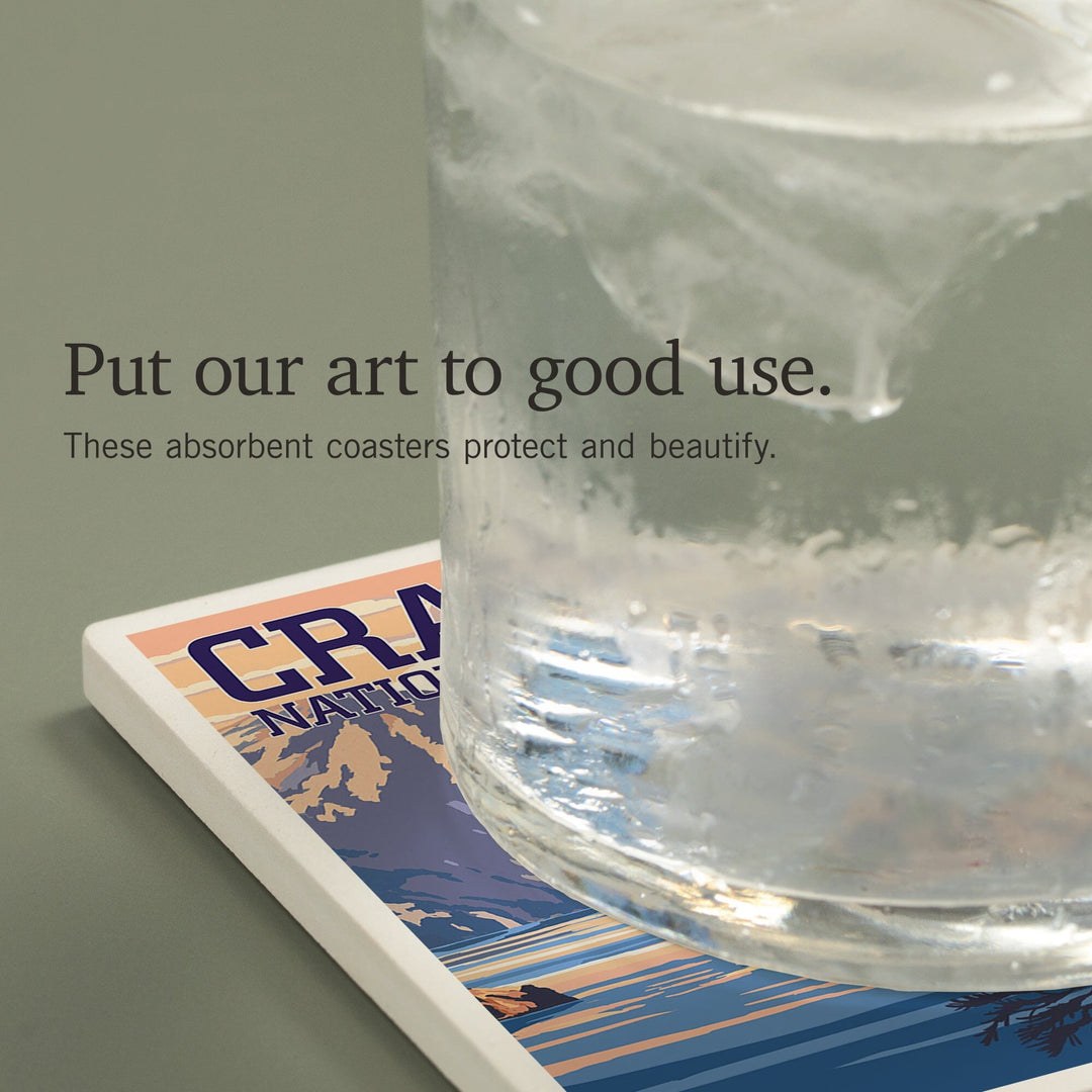 Crater Lake National Park, Oregon, Shoreline and Sunset, Painterly Series, Coasters Coasters Lantern Press