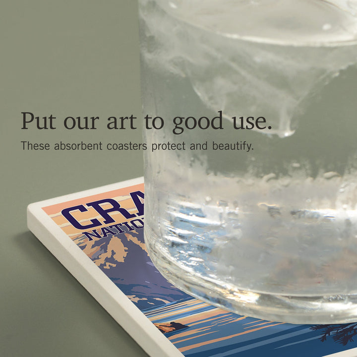 Crater Lake National Park, Oregon, Shoreline and Sunset, Painterly Series, Coasters Coasters Lantern Press