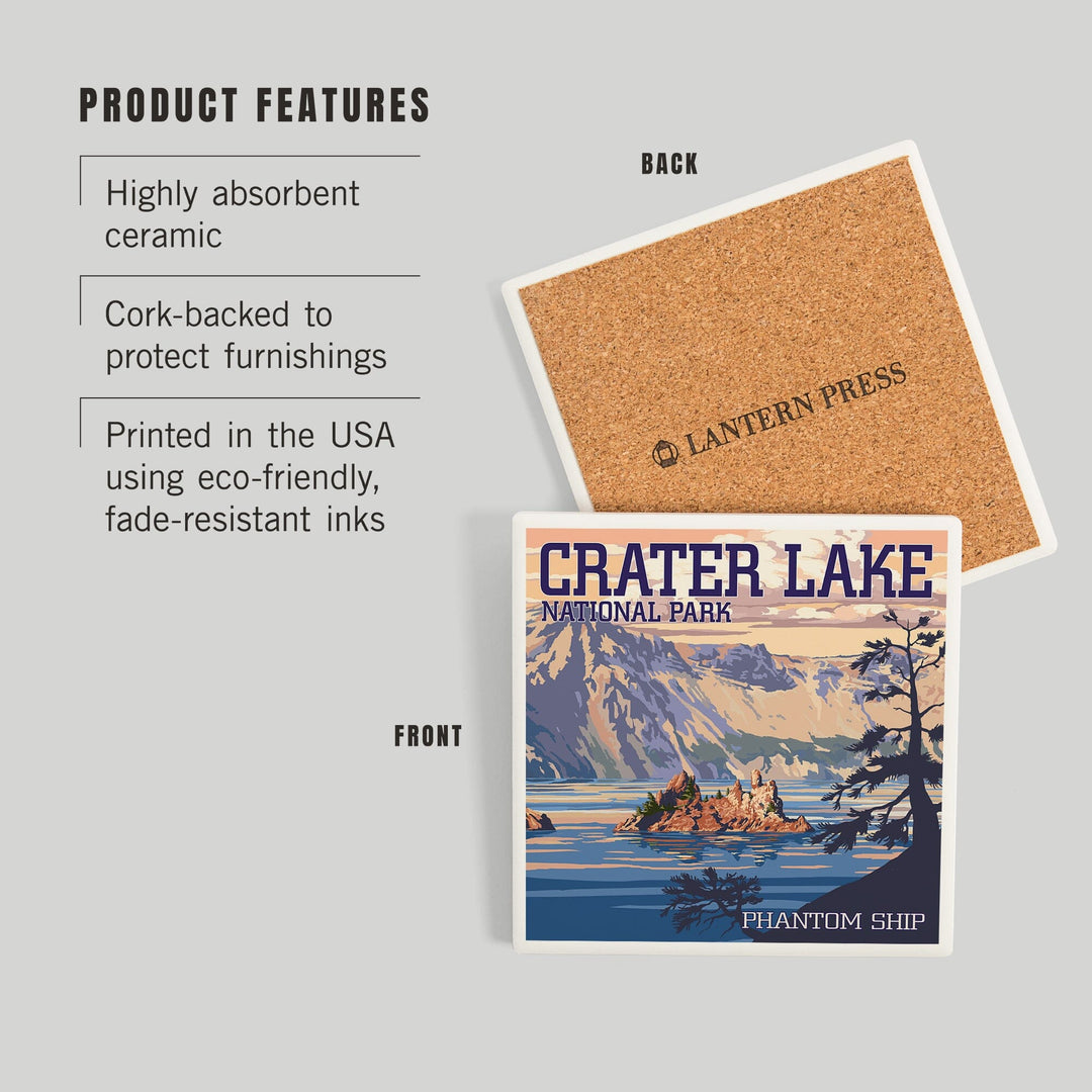 Crater Lake National Park, Oregon, Shoreline and Sunset, Painterly Series, Coasters Coasters Lantern Press