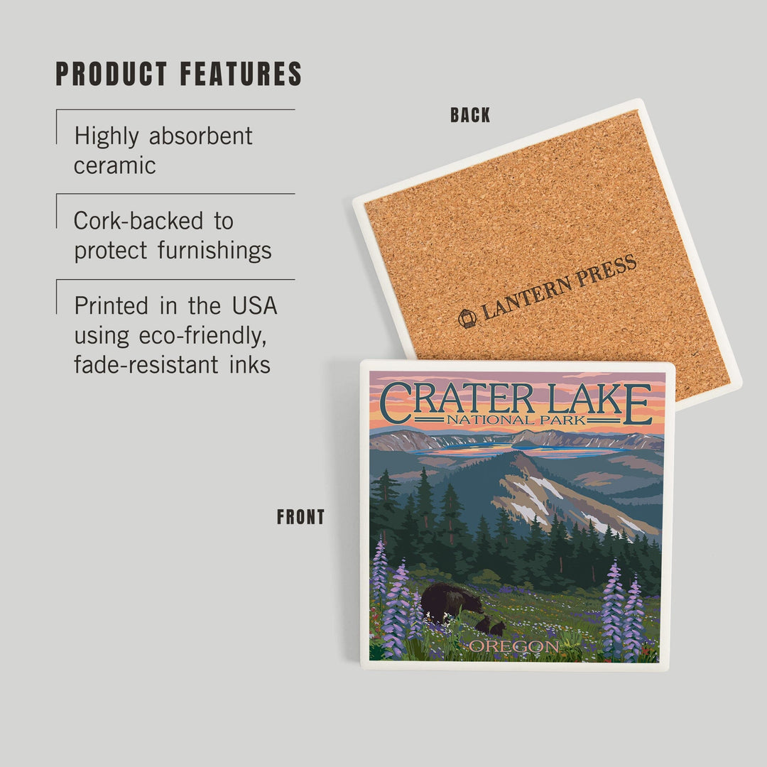 Crater Lake National Park, Oregon, Spring Flowers and Bear Family, Coasters Coasters Lantern Press