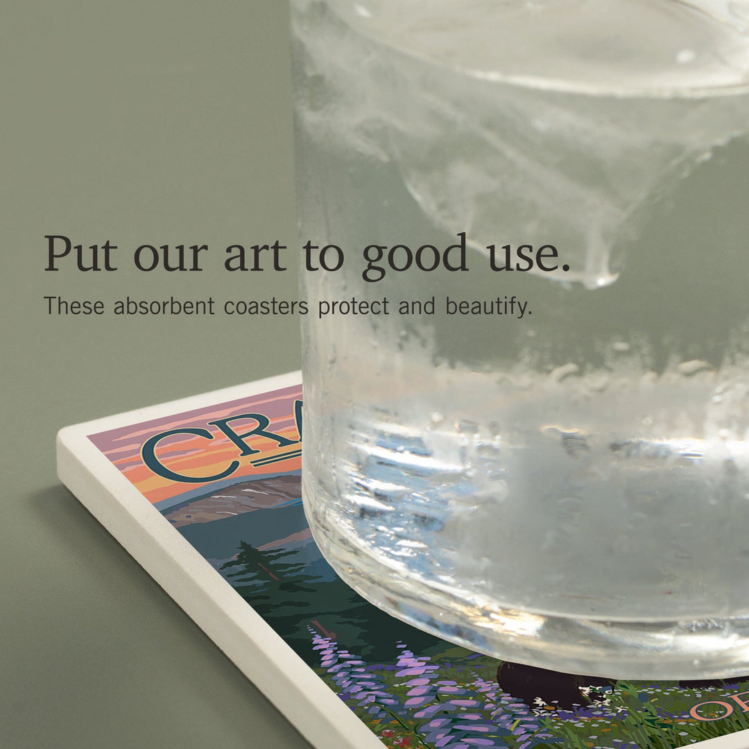 Crater Lake National Park, Oregon, Spring Flowers and Bear Family, Coasters Coasters Lantern Press