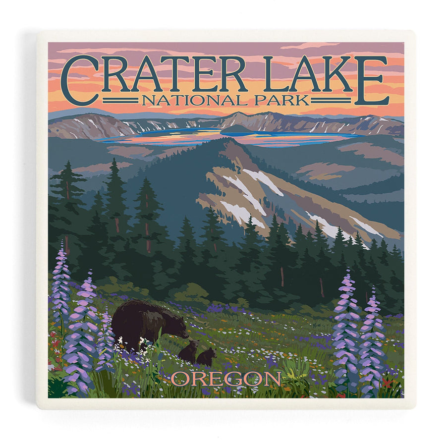 Crater Lake National Park, Oregon, Spring Flowers and Bear Family, Coasters Coasters Lantern Press