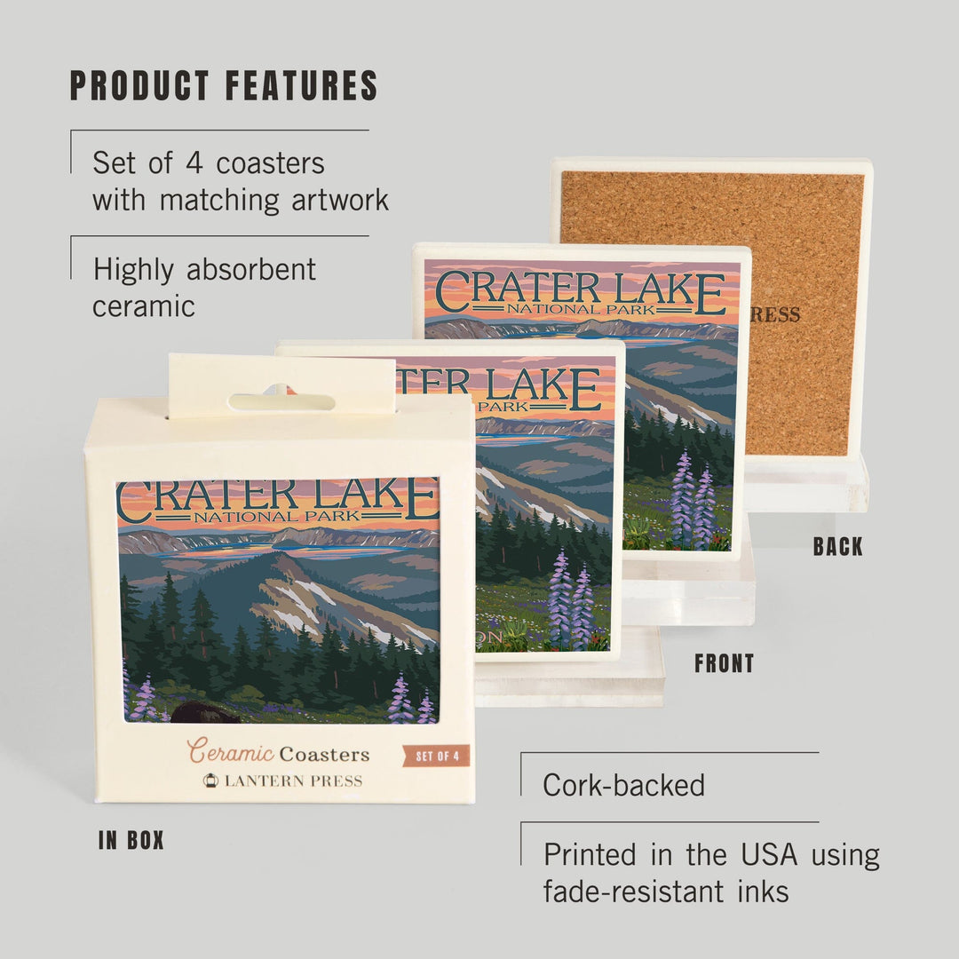 Crater Lake National Park, Oregon, Spring Flowers and Bear Family, Coasters Coasters Lantern Press