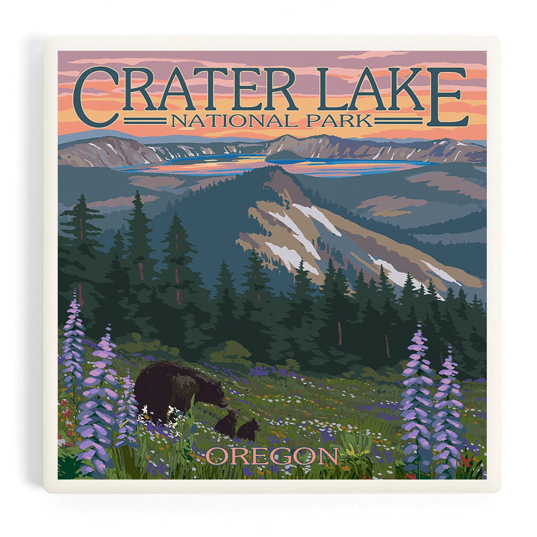 Crater Lake National Park, Oregon, Spring Flowers and Bear Family, Coasters Coasters Lantern Press Coaster