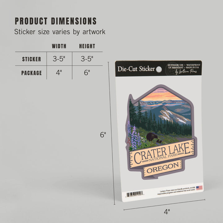 Crater Lake National Park, Oregon, Spring Flowers & Bear Family, Contour, Lantern Press Artwork, Vinyl Sticker - Lantern Press