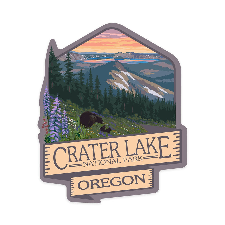 Crater Lake National Park, Oregon, Spring Flowers & Bear Family, Contour, Lantern Press Artwork, Vinyl Sticker - Lantern Press
