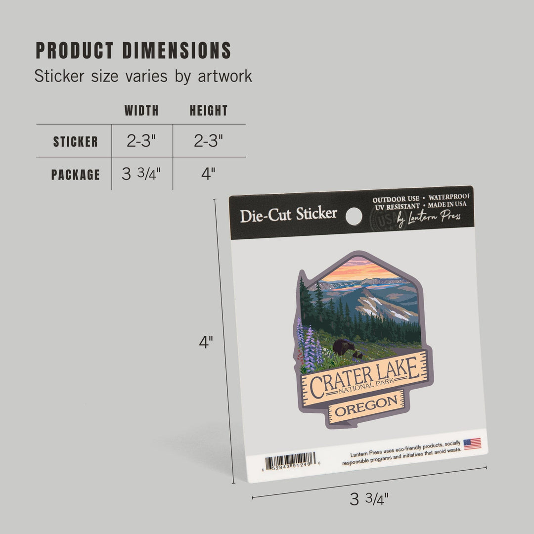 Crater Lake National Park, Oregon, Spring Flowers & Bear Family, Contour, Lantern Press Artwork, Vinyl Sticker - Lantern Press