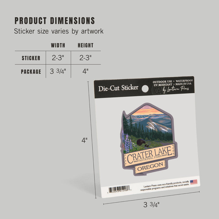 Crater Lake National Park, Oregon, Spring Flowers & Bear Family, Contour, Lantern Press Artwork, Vinyl Sticker - Lantern Press