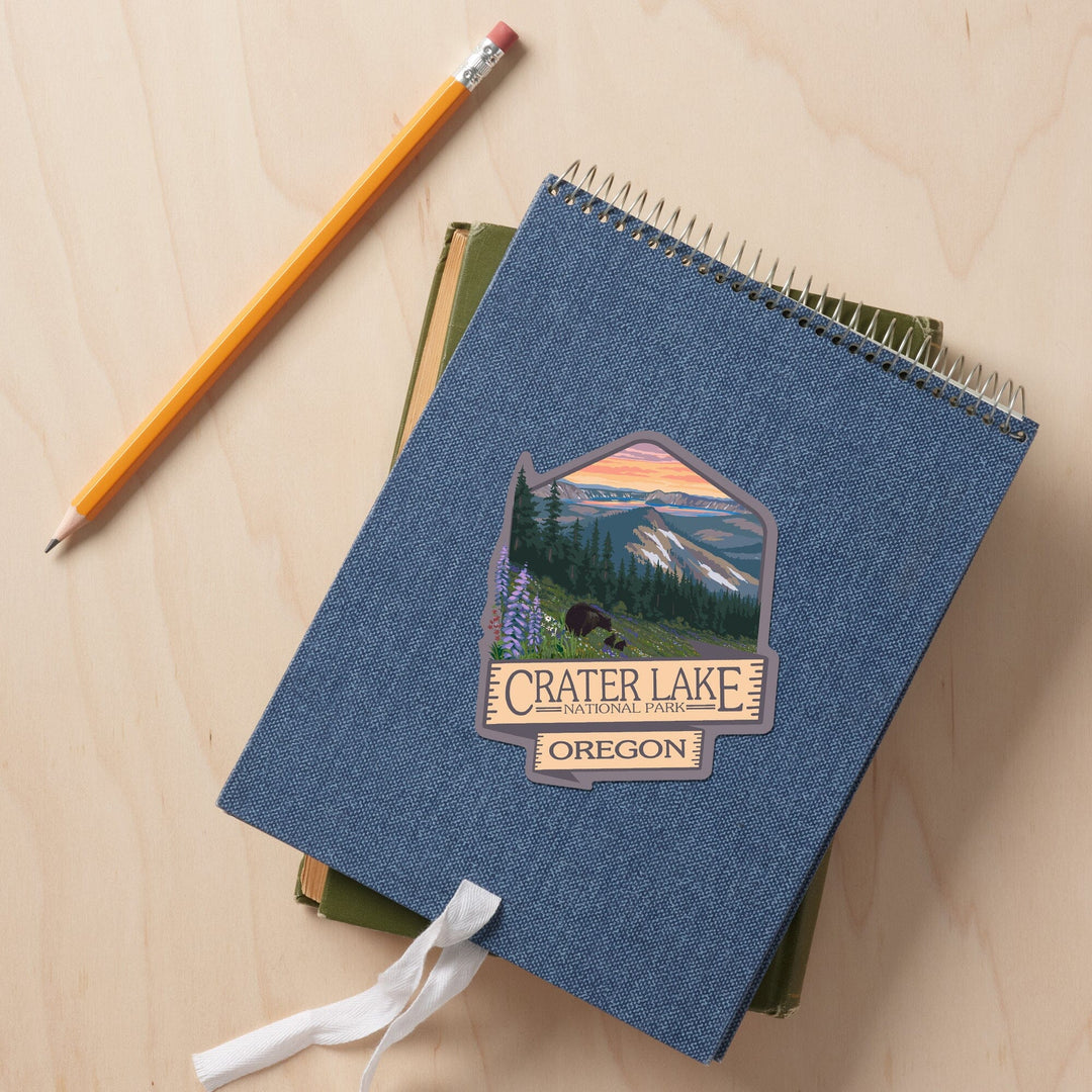 Crater Lake National Park, Oregon, Spring Flowers & Bear Family, Contour, Lantern Press Artwork, Vinyl Sticker - Lantern Press