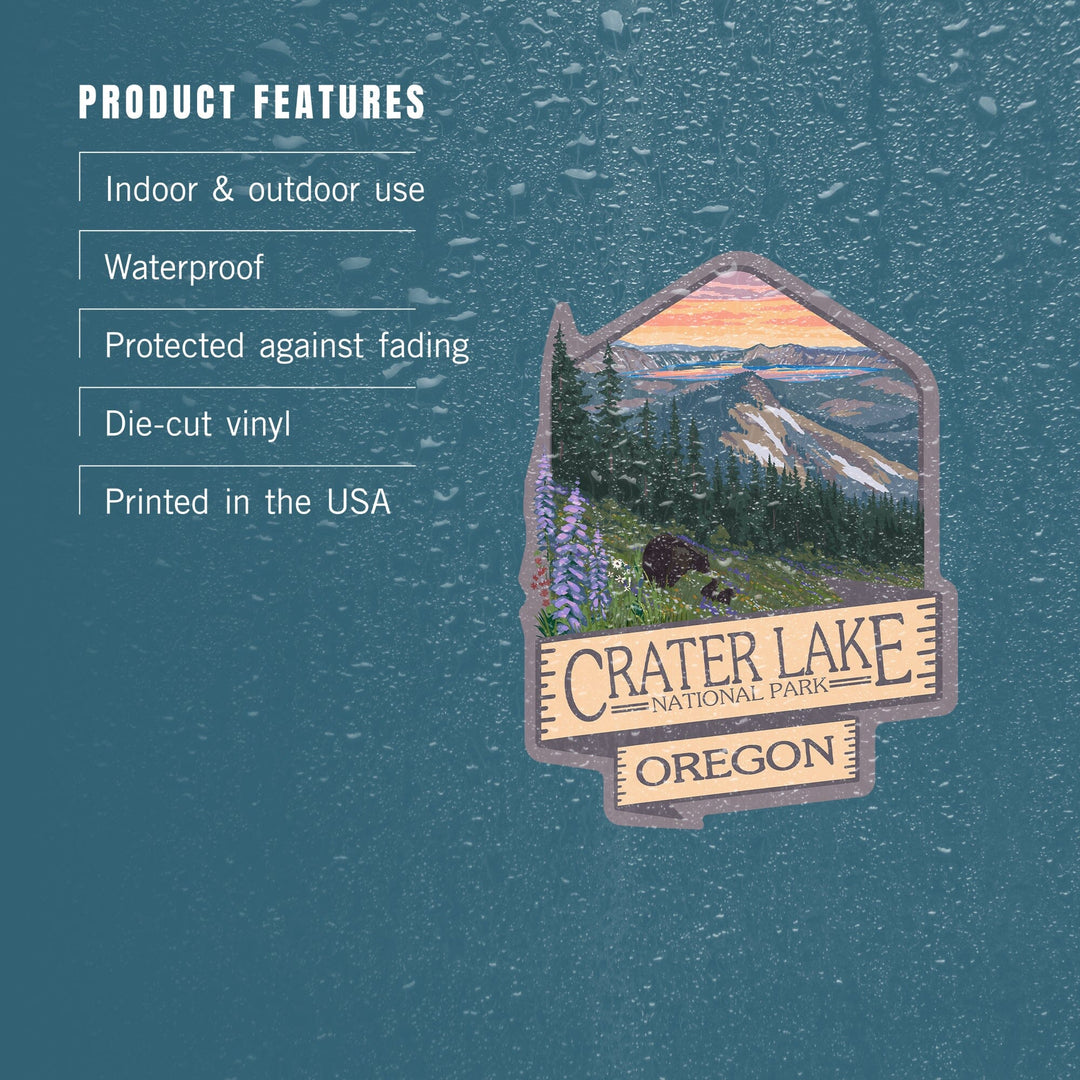 Crater Lake National Park, Oregon, Spring Flowers & Bear Family, Contour, Lantern Press Artwork, Vinyl Sticker - Lantern Press