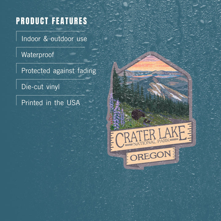 Crater Lake National Park, Oregon, Spring Flowers & Bear Family, Contour, Lantern Press Artwork, Vinyl Sticker - Lantern Press