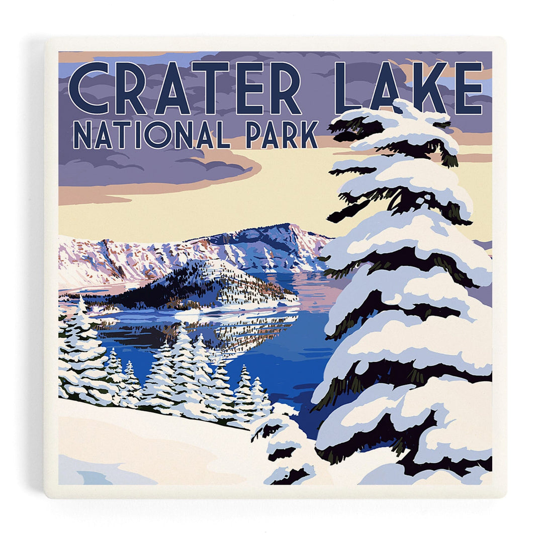 Crater Lake National Park, Oregon, Winter Scene, Painterly Series, Coasters Coasters Lantern Press