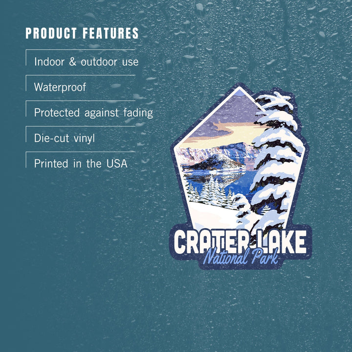 Crater Lake National Park, Oregon, Winter Scene, Painterly Series, Contour, Lantern Press Artwork, Vinyl Sticker - Lantern Press