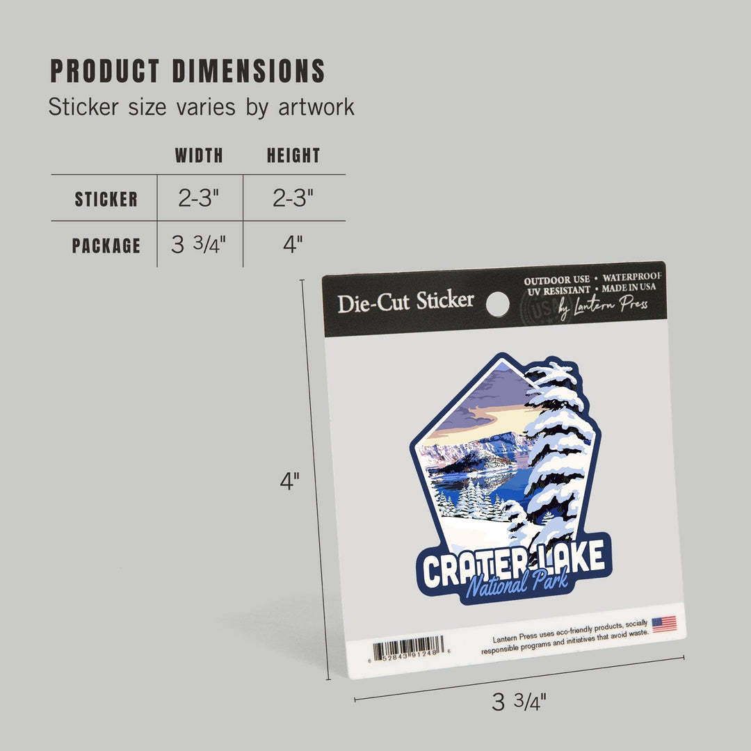 Crater Lake National Park, Oregon, Winter Scene, Painterly Series, Contour, Lantern Press Artwork, Vinyl Sticker - Lantern Press