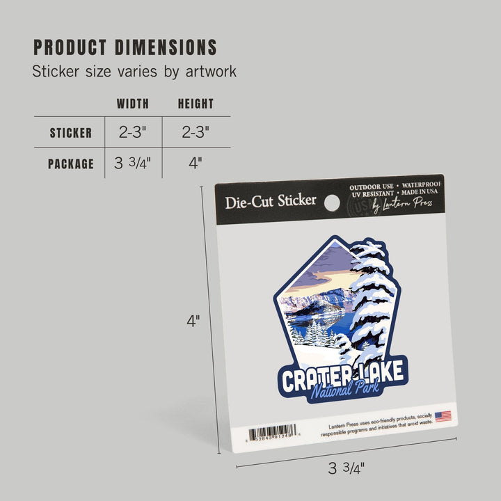Crater Lake National Park, Oregon, Winter Scene, Painterly Series, Contour, Lantern Press Artwork, Vinyl Sticker - Lantern Press