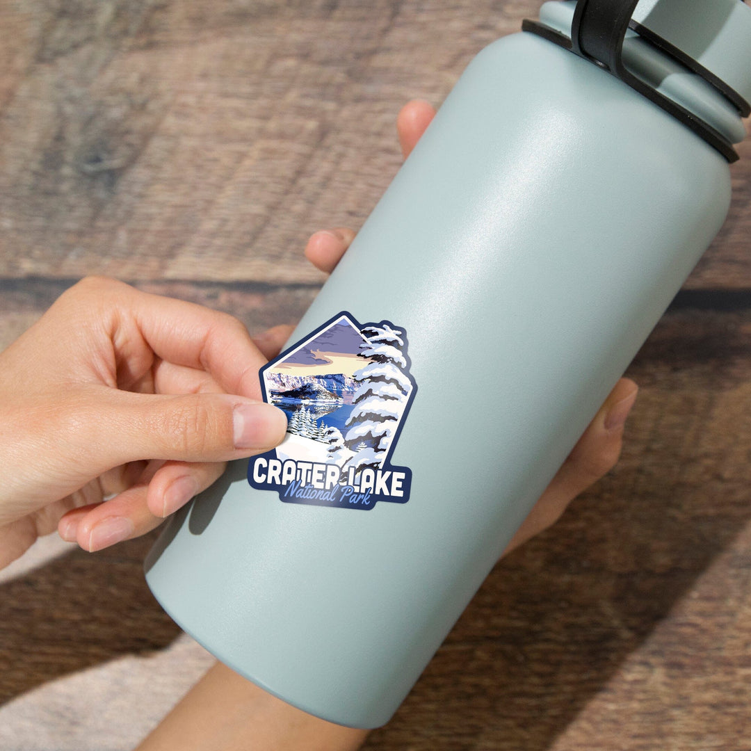 Crater Lake National Park, Oregon, Winter Scene, Painterly Series, Contour, Lantern Press Artwork, Vinyl Sticker - Lantern Press