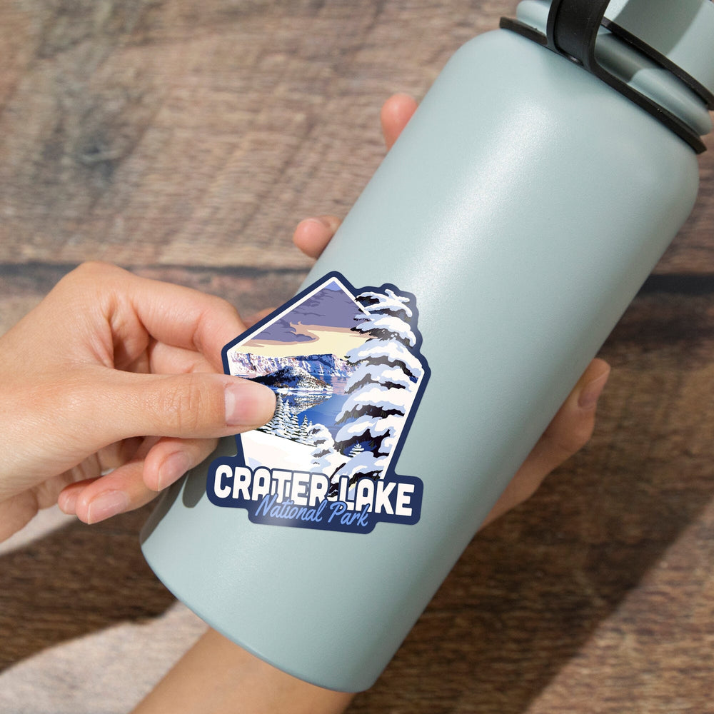 Crater Lake National Park, Oregon, Winter Scene, Painterly Series, Contour, Lantern Press Artwork, Vinyl Sticker - Lantern Press