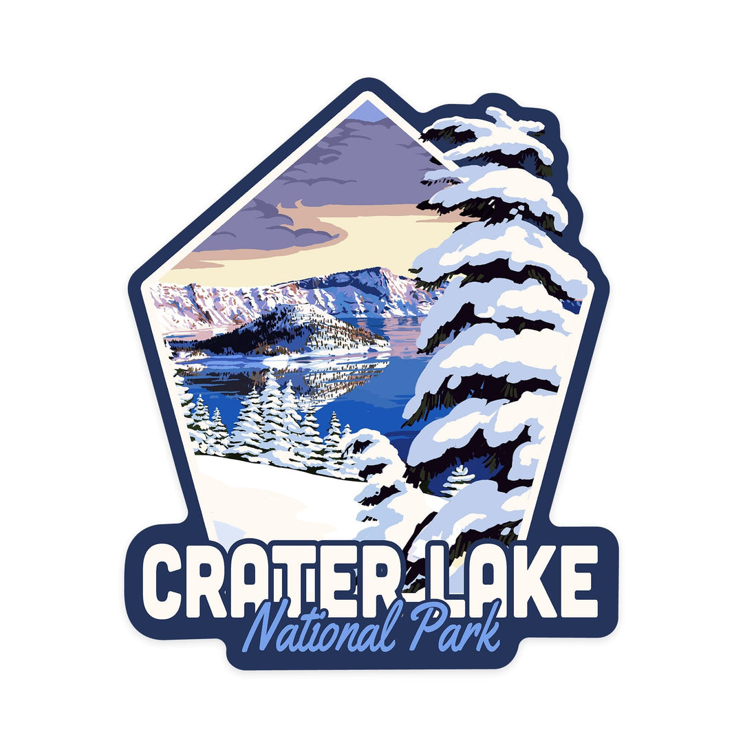 Crater Lake National Park, Oregon, Winter Scene, Painterly Series, Contour, Lantern Press Artwork, Vinyl Sticker - Lantern Press