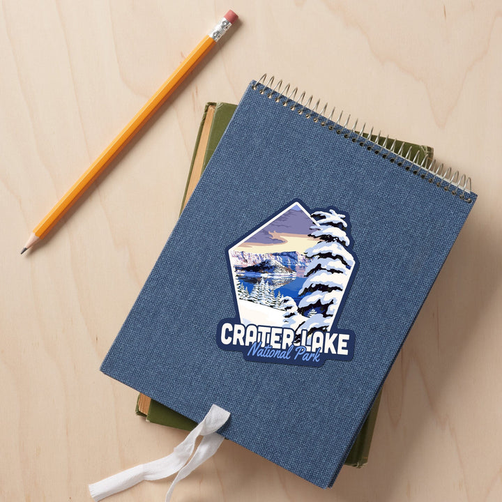 Crater Lake National Park, Oregon, Winter Scene, Painterly Series, Contour, Lantern Press Artwork, Vinyl Sticker - Lantern Press