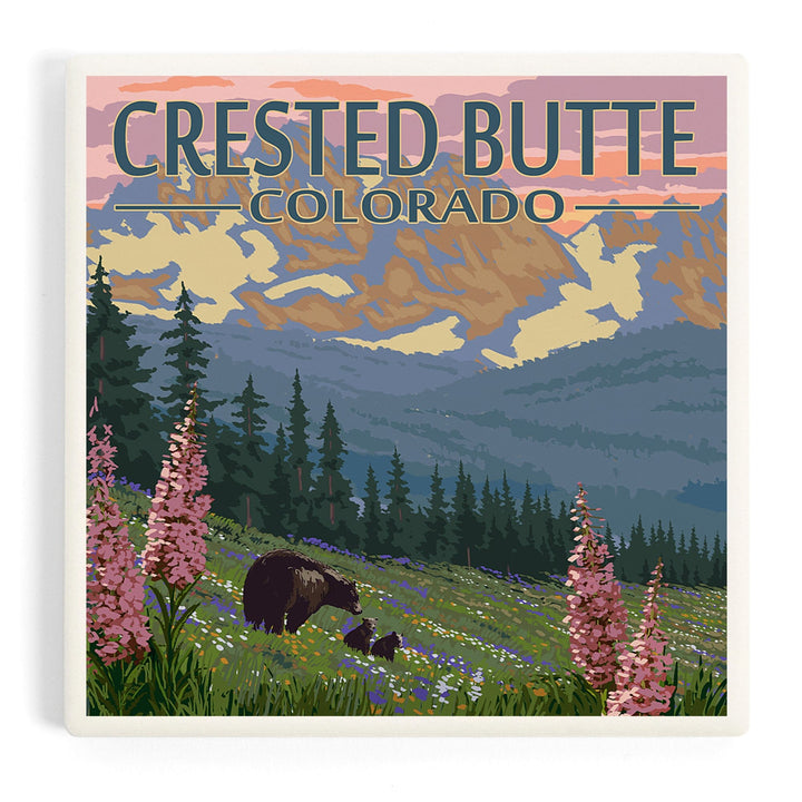 Crested Butte, Colorado, Bear and Cubs with Flowers, Coasters Coasters Lantern Press Coaster