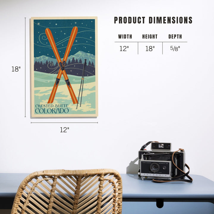 Crested Butte, Colorado, Crossed Skis, Letterpress, Lantern Press Artwork, Wood Signs and Postcards - Lantern Press