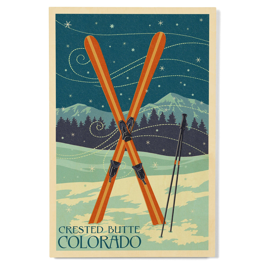 Crested Butte, Colorado, Crossed Skis, Letterpress, Lantern Press Artwork, Wood Signs and Postcards - Lantern Press