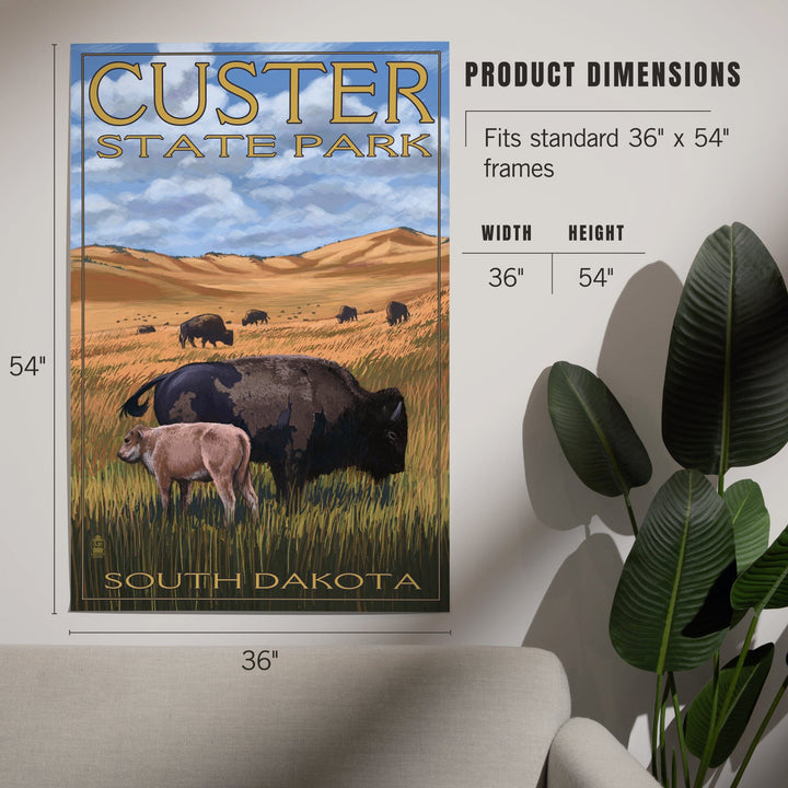 Custer Park, South Dakota, Buffalo Herd and Calf, Art & Giclee Prints - Lantern Press