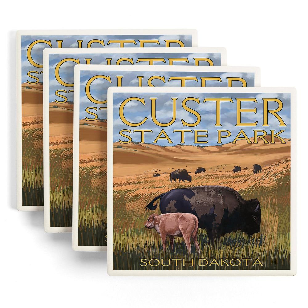Custer Park, South Dakota, Buffalo Herd and Calf, Coasters Coasters Lantern Press