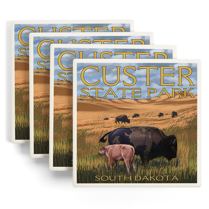 Custer Park, South Dakota, Buffalo Herd and Calf, Coasters Coasters Lantern Press