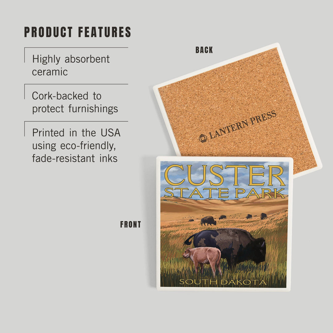 Custer Park, South Dakota, Buffalo Herd and Calf, Coasters Coasters Lantern Press