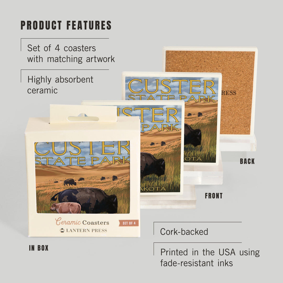Custer Park, South Dakota, Buffalo Herd and Calf, Coasters Coasters Lantern Press