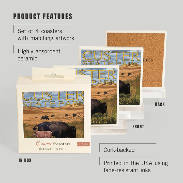 Custer Park, South Dakota, Buffalo Herd and Calf, Coasters Coasters Lantern Press