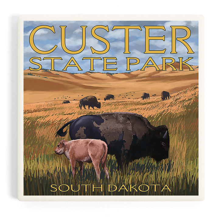Custer Park, South Dakota, Buffalo Herd and Calf, Coasters Coasters Lantern Press Coaster