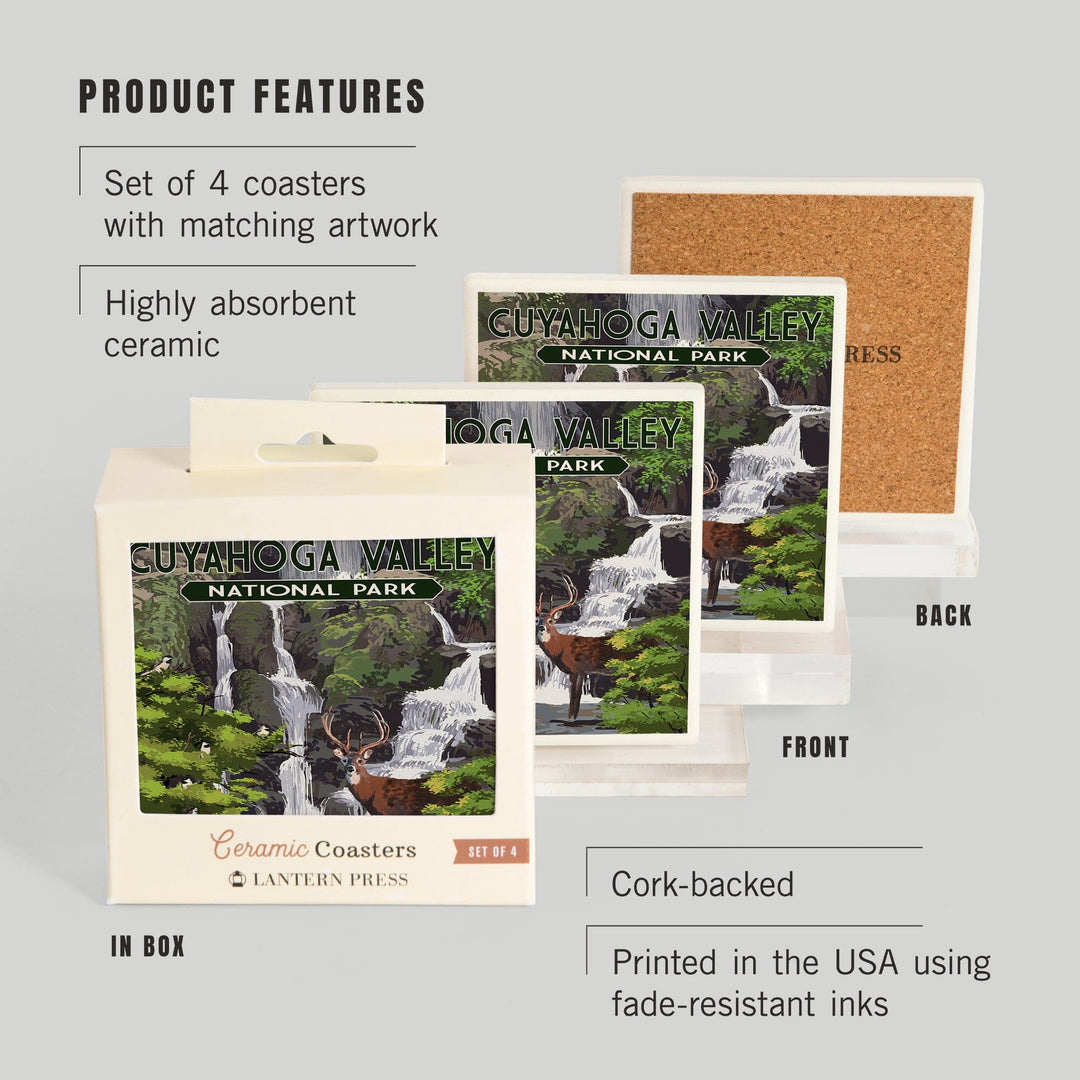 Cuyahoga Valley National Park, Ohio, Deer and Falls, Coasters Coasters Lantern Press