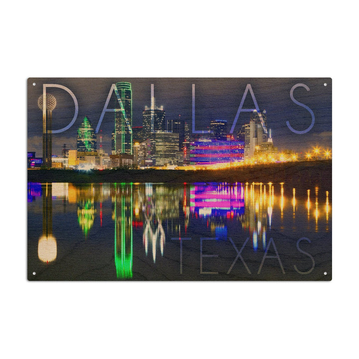 Dallas, Texas, Skyline at Night, Lantern Press Photography, Wood Signs and Postcards - Lantern Press