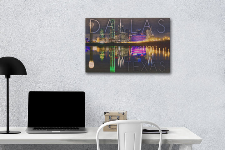 Dallas, Texas, Skyline at Night, Lantern Press Photography, Wood Signs and Postcards - Lantern Press