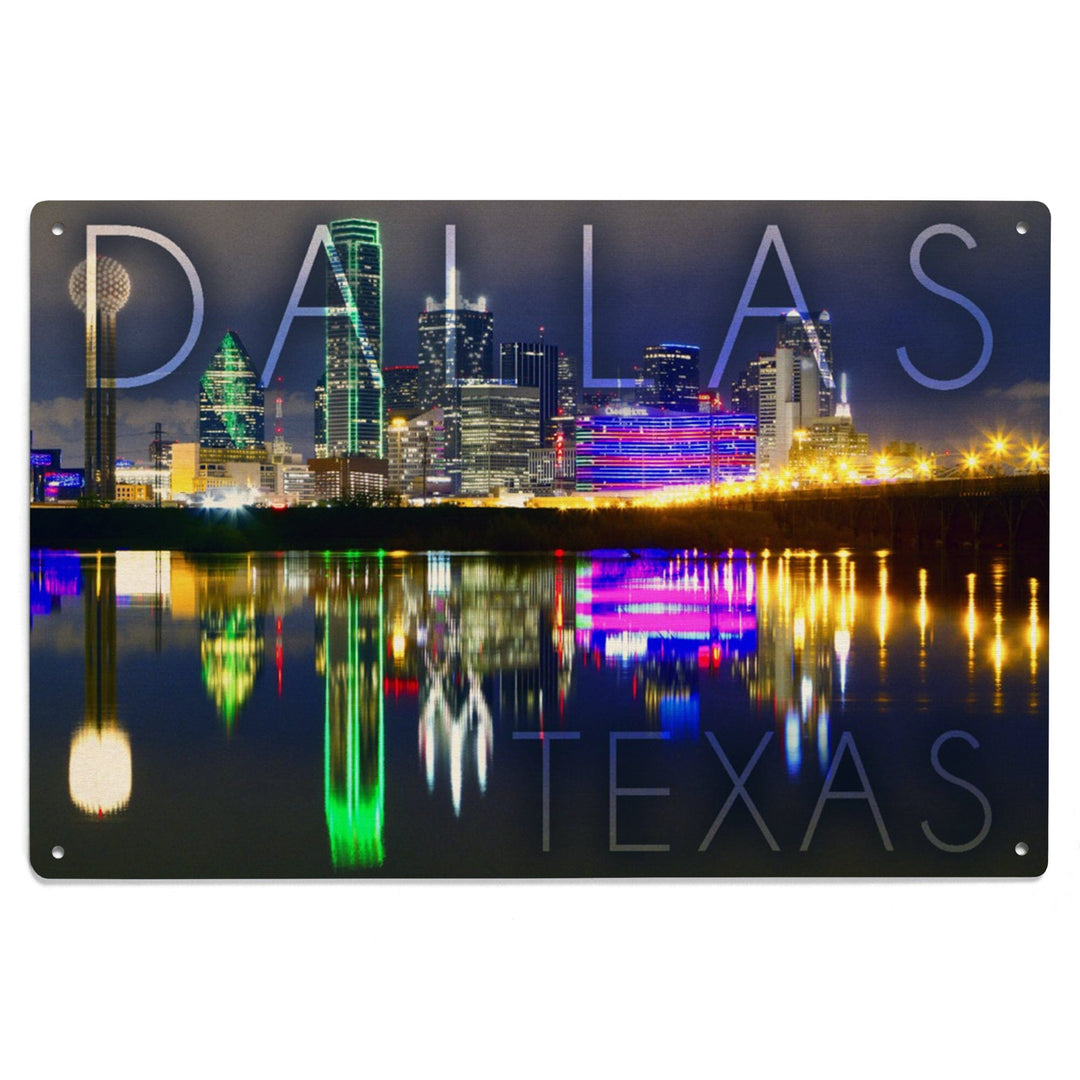 Dallas, Texas, Skyline at Night, Lantern Press Photography, Wood Signs and Postcards - Lantern Press