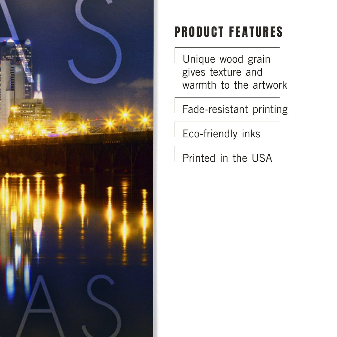 Dallas, Texas, Skyline at Night, Lantern Press Photography, Wood Signs and Postcards - Lantern Press