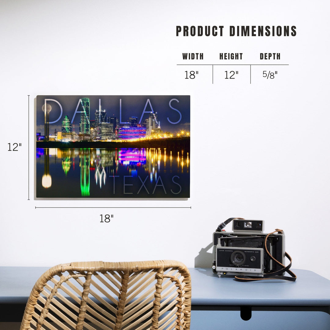Dallas, Texas, Skyline at Night, Lantern Press Photography, Wood Signs and Postcards - Lantern Press
