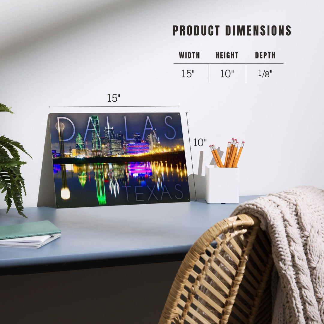 Dallas, Texas, Skyline at Night, Lantern Press Photography, Wood Signs and Postcards - Lantern Press